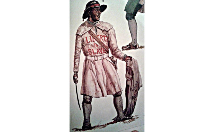 Illustration of the uniform worn by Lord Dunmore's Ethiopian regiment soldiers. National Parks Service photo, public domain.