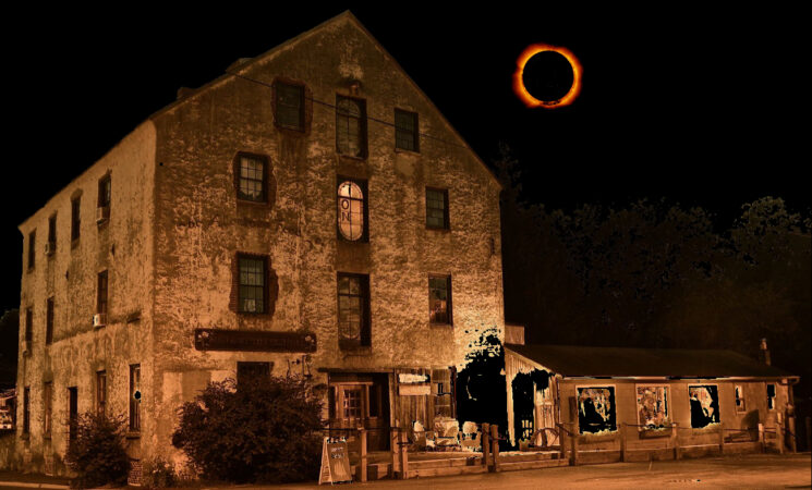 Artist's rendering of the Old Mill at Allentown during a solar eclipse. Image credit: John R. Barrows