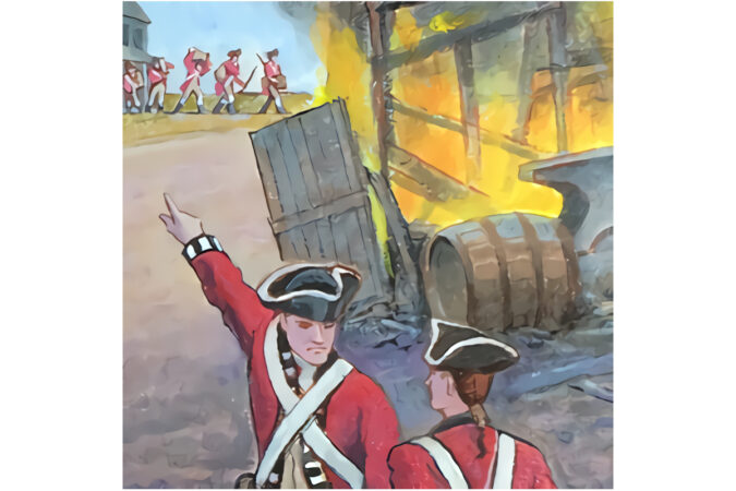 Original illustration: A detail from "The Sack of Monmouth Court House, 1778," by Peter Carella. Commissioned by Monmouth Timeline. ©2023 Peter Carella.