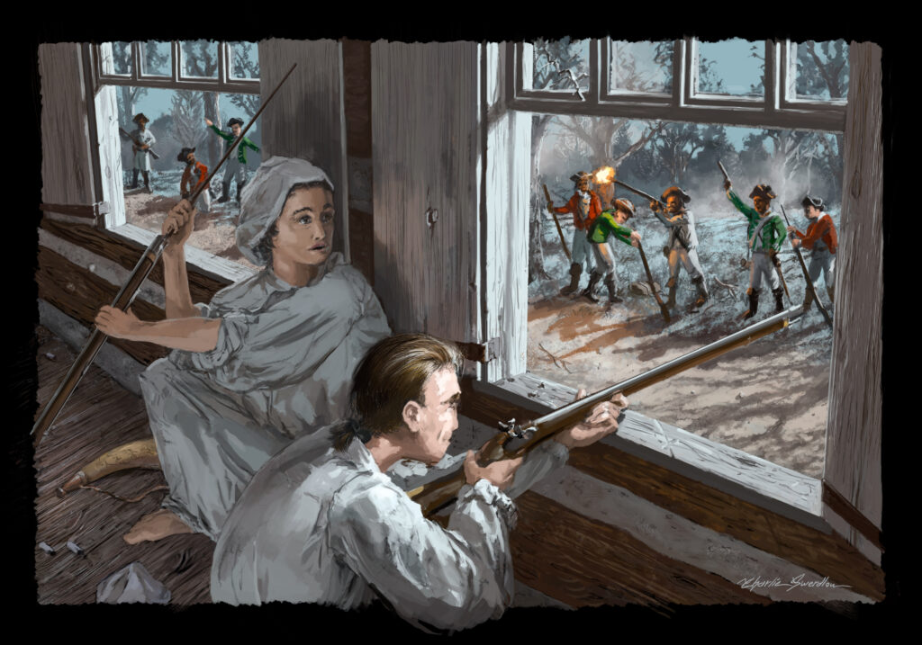 The Fatal Showdown Between Colonel Tye and Joshua Huddy, original illustration. Commissioned by Monmouth Timeline, ©2021, Charlie Swerdlow, History Depicted.