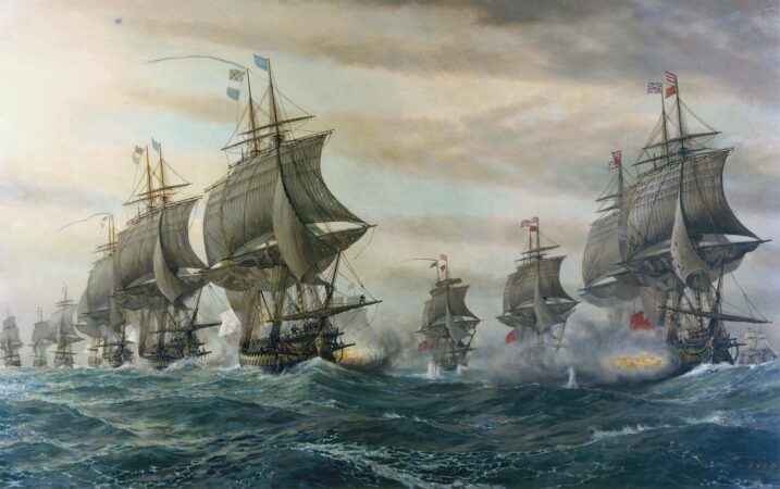 Oil painting: Battle of the Virginia Capes, 5 September 1781 by V. Zveg, 1962. U.S. Navy Art Collection, Washington, D.C. U.S. Naval History and Heritage Command Photograph. Public domain.