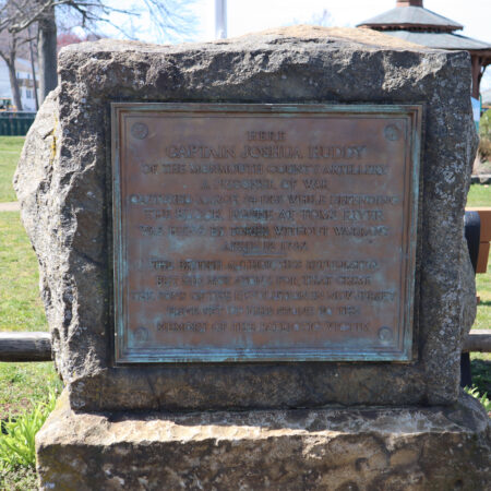 Photograph of bronze commemorative tablet marking the site where Joshua Huddy was hanged in Highlands, N.J. Image credit: John R. Barrows