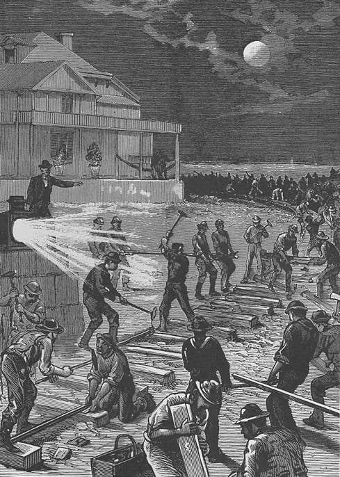 Rail Spur for a President. Workmen and volunteers are shown laying track at Elberon on the night of Sept. 5, 1861, in anticipation of the arrival the next day of President James A. Garfield, who had been struck down by an assassin's bullet July 2 and was near death. From Frank Leslie’s Illustrated Newspaper, September 24, 1881, Library of Congress. Public domain.