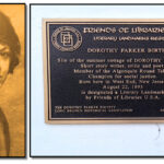 Featured image: Composite image, stylized photograph of Dorothy Parker coverted to appear like an oil painting, cropped, courtesy Dorothy Parker Society; photograph of commemorative marker at Parker birthplace in West End, photo credit: Randall Gabrielan, used with permission. Composite by John R. Barrows.