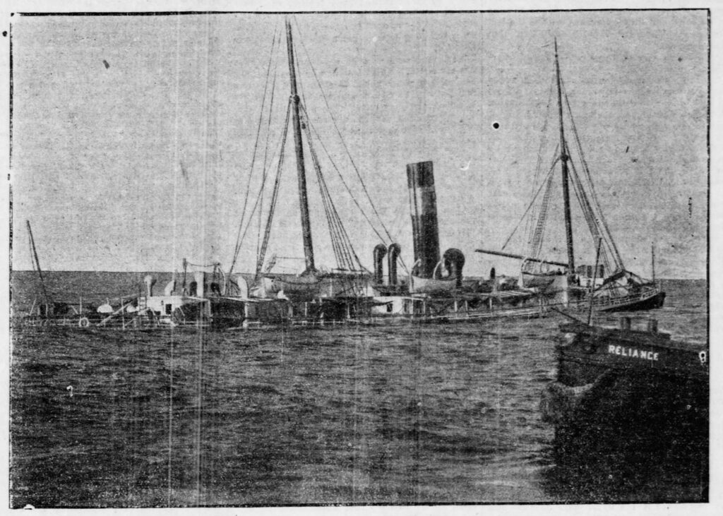 Photo of the Panama Liner Finance in the Main Ship Channel. (1908). Photographer unknown. Photo from Liner Sunk, 4 Lost, Collision off Hook. The New-York Tribune, November 27, 1908, P. 1.  Public domain.