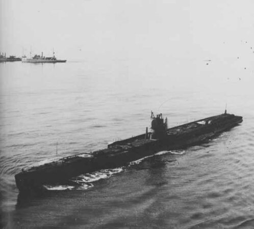 A photograph of SM U-117 after the war, when it was used by the U.S. Navy for aerial bombardment practice.