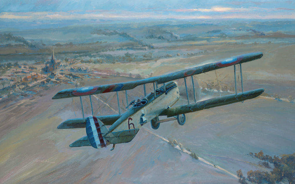 The final flight of Harold Goettler and Erwin Bleckley of the 50th Aero Squadron: Mortal-Immortal, by Michael O'Neal; this illustration graced the cover of Over the Front. Image courtesy Over the Front, Arnold, Md., used with permission. Goettler and Bleckley were assigned DH-4 Liberty Plane # 2, but it suffered from chronic engine problems caused by defective spark plugs, so Goettler often borrowed Lt. Floyd M Pickrell’s DH-4 # 6. It was in that airplane that Goettler and his observer, Lt. Erwin R. Bleckley, were killed on October 6, 1918.