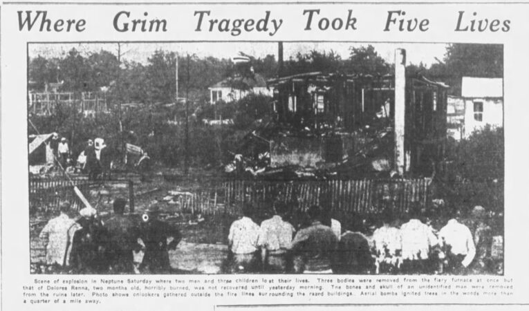 Local newspaper coverage of the Cimino fireworks plant explosion. Image source: Long Branch Daily Record, July 7, 1930, P. 1.