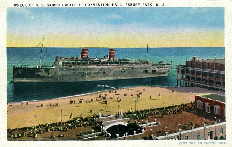 Postcard of SS Morro Castle after the flames were finally extinguished. Postcard image, public domain.