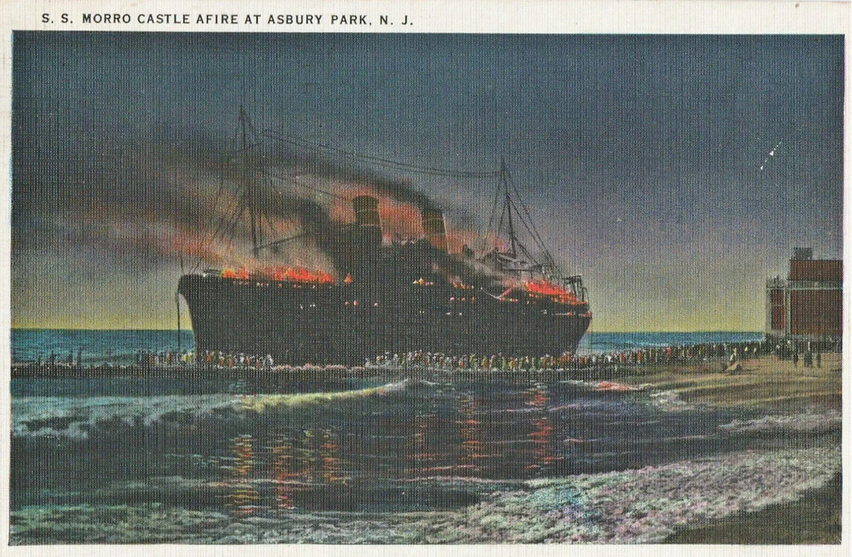 Postcard of SS Morro Castle burning off the coast of Asbury Park. Postcard image, public domain.
