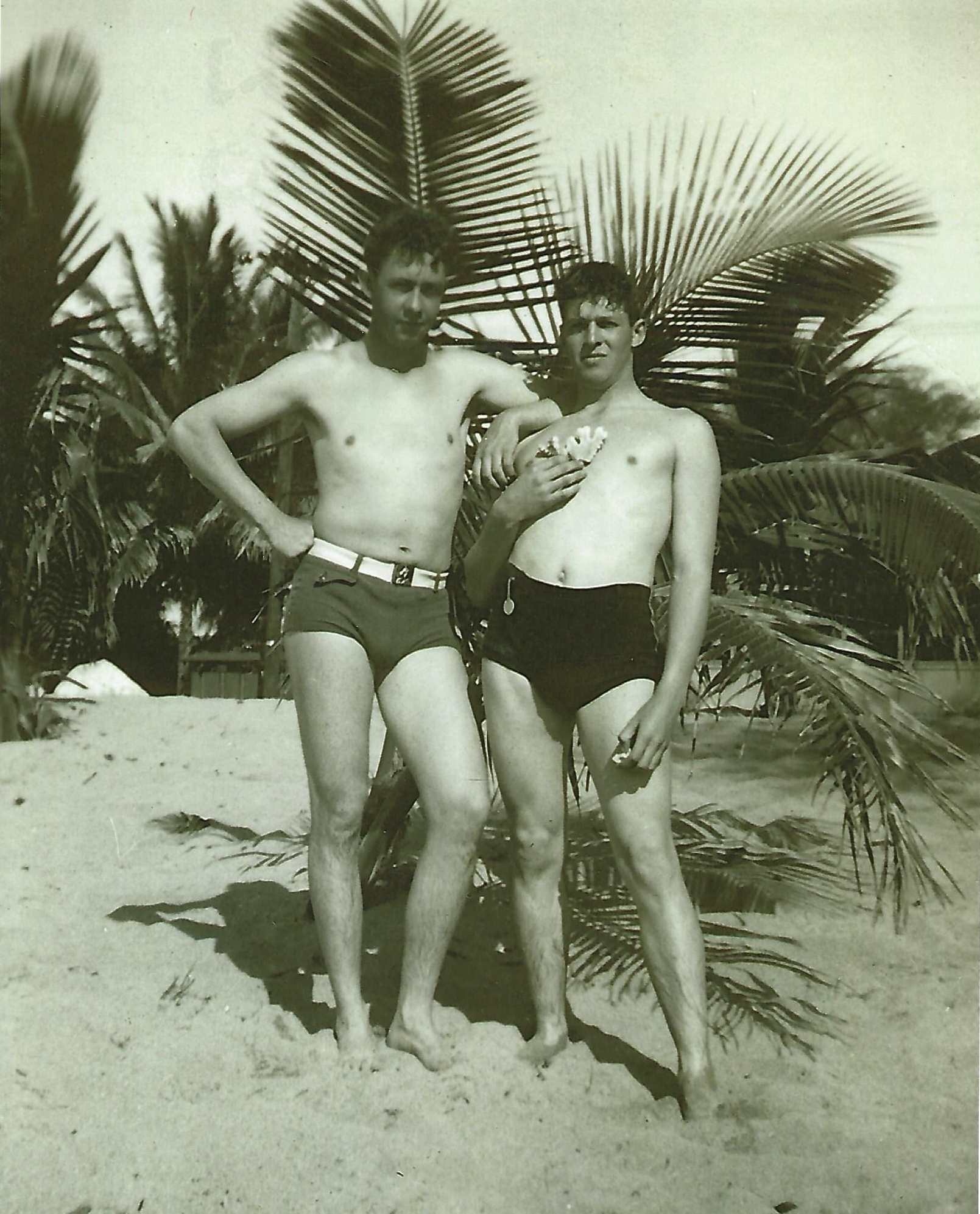 Privates Joseph McDonald and Joe Lockard on the beach in Hawai'i prior to the Japanese attack on Pearl Harbor. Image credit: George McDonald, used with permission.