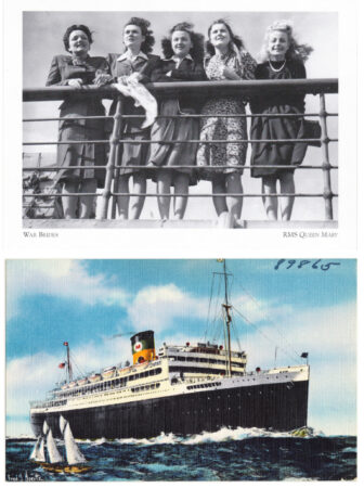Postcard of British WWII war brides aboard RMS Queen Mary. Public Domain. Fred J Hoertz & Harry H Baumann - The Good Neighbor liners Argentina and Brazil, operated by Moore-McCormack Lines, sailing from New York to the East Coast of South America. Boston Public Library. Used in compliance with terms of Creative Commons.