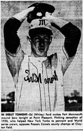 Photo of Whitey Ford in uniform pitching for the Fort Monmouth baseball team. From The Signaleer, base newspaper, courtesy U.S. Army Signal Corps Archives, public domain.
