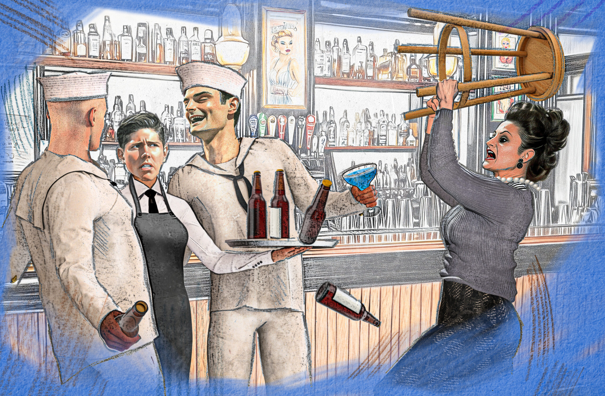 Original illustration of Anna Genovese wielding a bar stool, by Scott Zelazny, ©2025, commissioned by MonmouthTimeline.org.