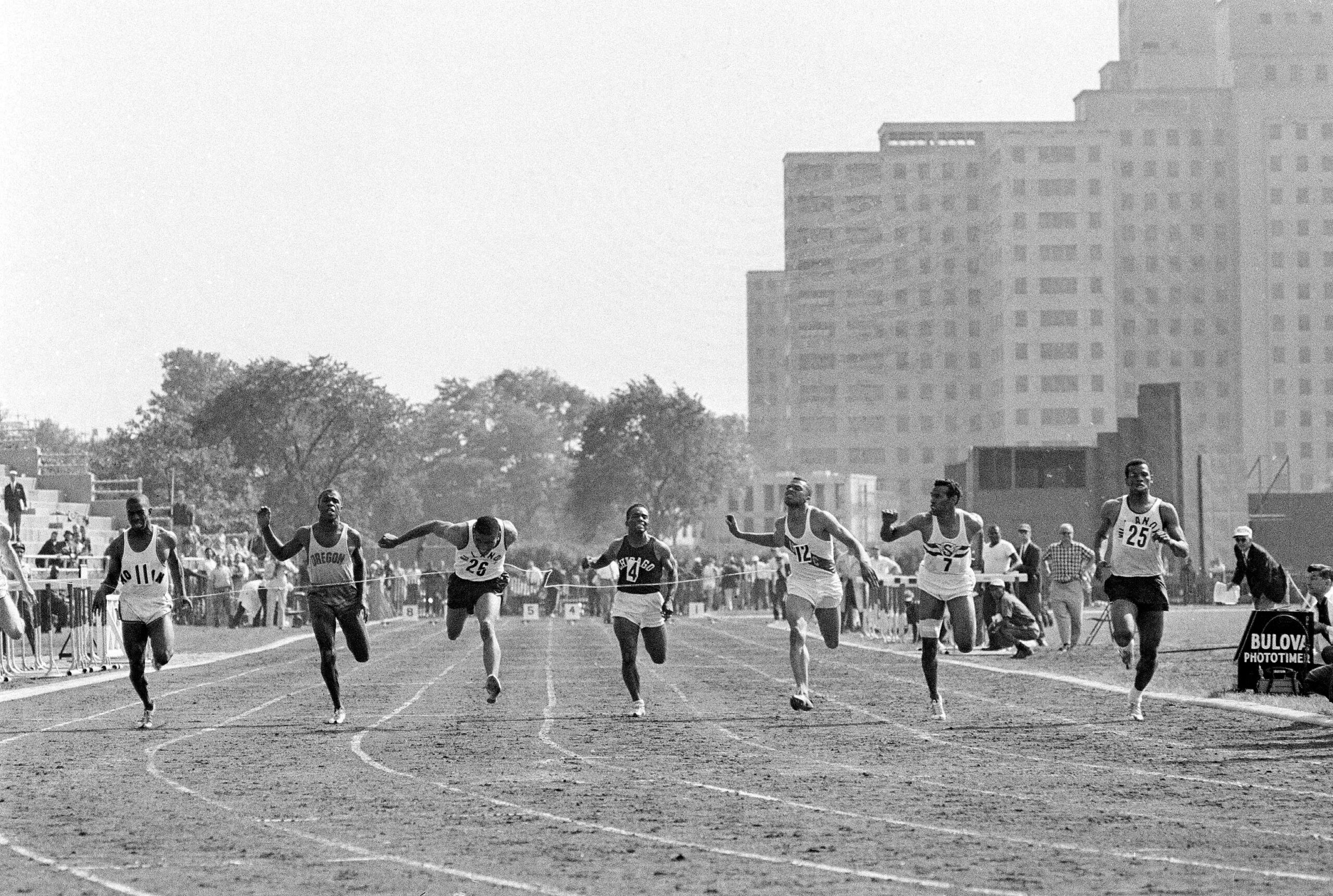 Frank Budd, right, of Villanova wins the 100-yard dash at the National AAU Track and Field championships in Ward's Island, New York, June 24, 1961. His teammate Paul Drayton, third from left, came in second, and David James, second from right, of Southern Calif. Striders, third. From left: Paul Winder, Morgan State College; Roscoe Cook Jr., Emerald Empire A.C.; Drayton; Ira Murchison, University of Chicago; Lt. Edward Collymore, USMC; James and Budd. (AP Photo)