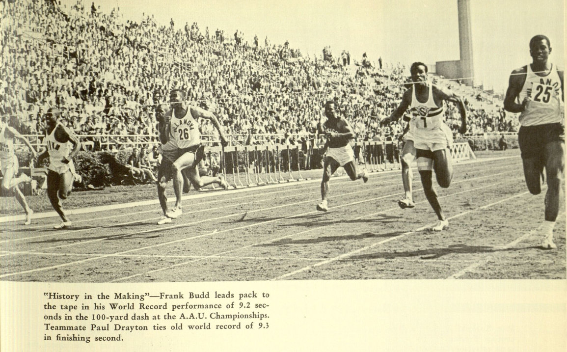 Image: Photograph of Frank Budd setting world record. Caption: "History in the Making" -- Frank Budd leads pack to the tape in his World Record performance of 9.2 seconds in the 100-yard dash at the A.A.U. Championships. Teammate Paul Drayton ties old world record of 9.3 in finishing second. Image from The Belle Air 1962, Villanova University Yearbook. Image © Digital Library@Villanova University.