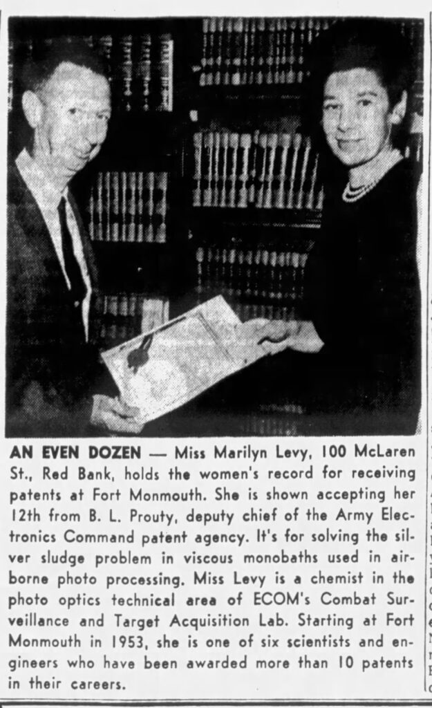 Clipping from Red Bank Daily Register showing Marily Levy being congratulated on earning her 12th patent. News clipping courtesy Newspapers.com, used with permission.
