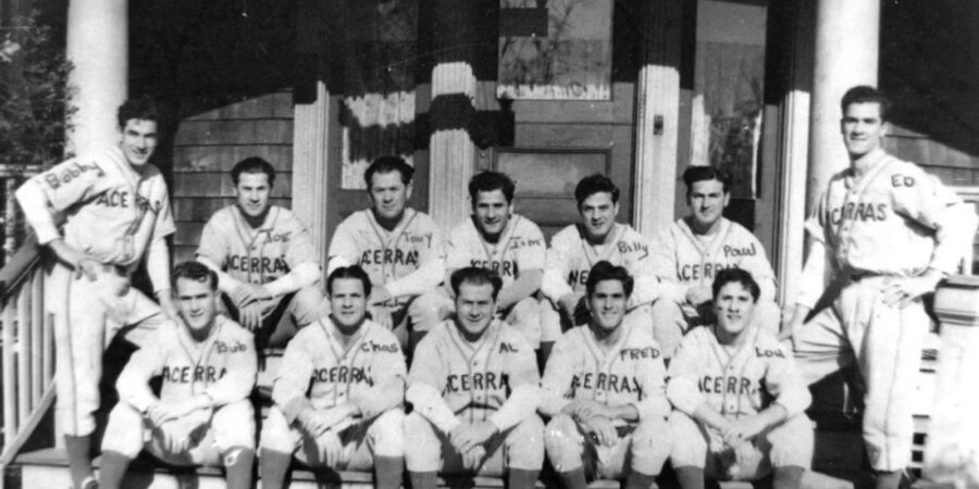 Altered team photo of the Acerra Brothers baseball team of Long Branch. Photo altered with handwritten first names marked on each person.