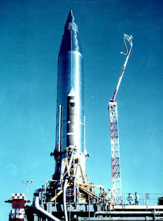 Photo of Atlas-B with Score payload, created: January 1, 1958. U.S. Air Force photograph, Public Domain.