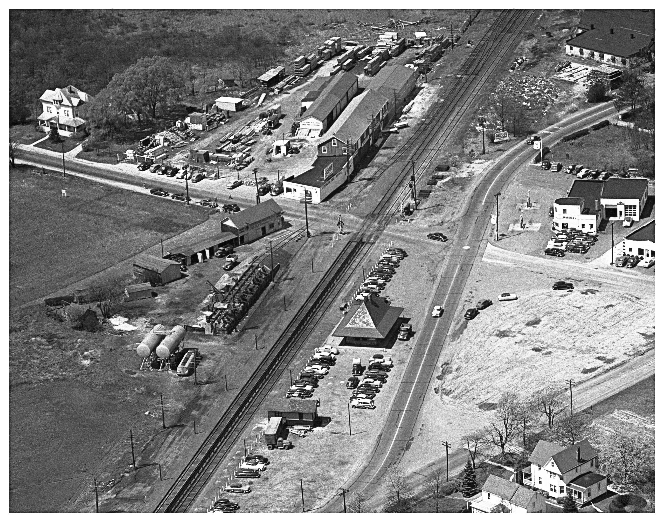 Aerial photo of the Little Silver Train Station, CA 1950. 