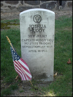 Cenotaph for Joshua Huddy; his final resting place is in an unknown location on the grounds of the Old Tennent Churchyard. Photo by Lindsey40186. Created: 19 June 2004. Used under terms of Creative Commons.