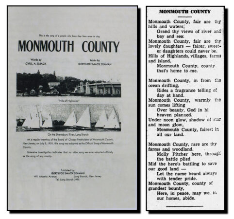 Photo of sheet music score to the song "Monmouth County." Photos and text courtesy of the Archives Division of the Monmouth County Clerk.
