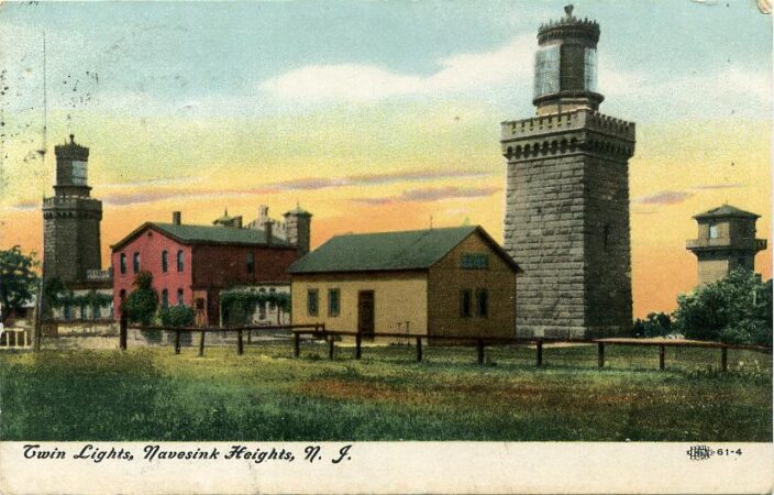 Postcard image of the original Twin Lights of Navesink.