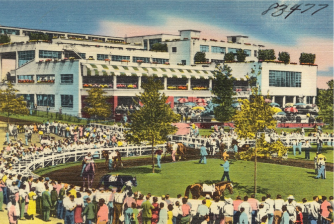 Postcard image of Monmouth Park race track.