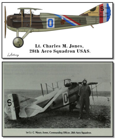 1st. Lt. C. Maury Jones, Commanding Officer, 28th Aero Squadron, in front of his Spad. Maurer, Maurer. (1978). The U.S Air Service in World War I, Volume III: The Battle of St Mihiel. Albert F. Simpson Historical Research Center, United States Air Force, Office of Air Force History, P. 319.