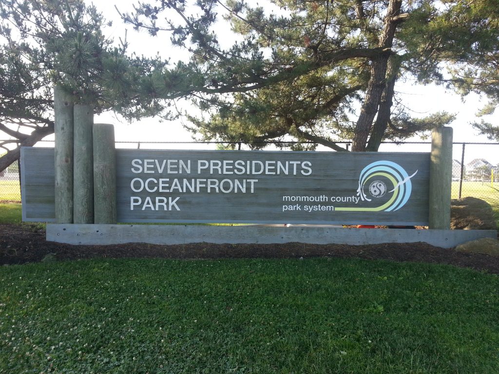 Sign at the entrance to Seven Presidents Oceanfront Park in Long Branch. Image courtesy Monmouth County Parks System.