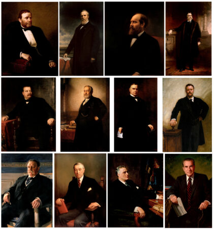 Official White House portraits of U.S. Presidents Grant, Hayes, Garfield, Arthur, Cleveland, Benjamin Harrison, McKinley, Theodore Roosevelt, Taft, Wilson, Nixon. Public domain.