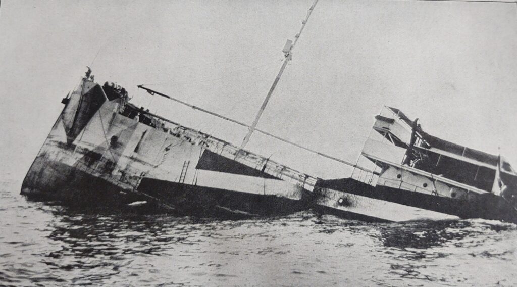 The oil tanker Frederick R. Kellogg was sunk by a torpedo from SM U-117 off Barnegat Light. Because the ship was in shallow waters, her bow remained above water.  She was salvaged two weeks later.  Image courtesy Dominic Etzold, from the author’s personal collection, used with permission.