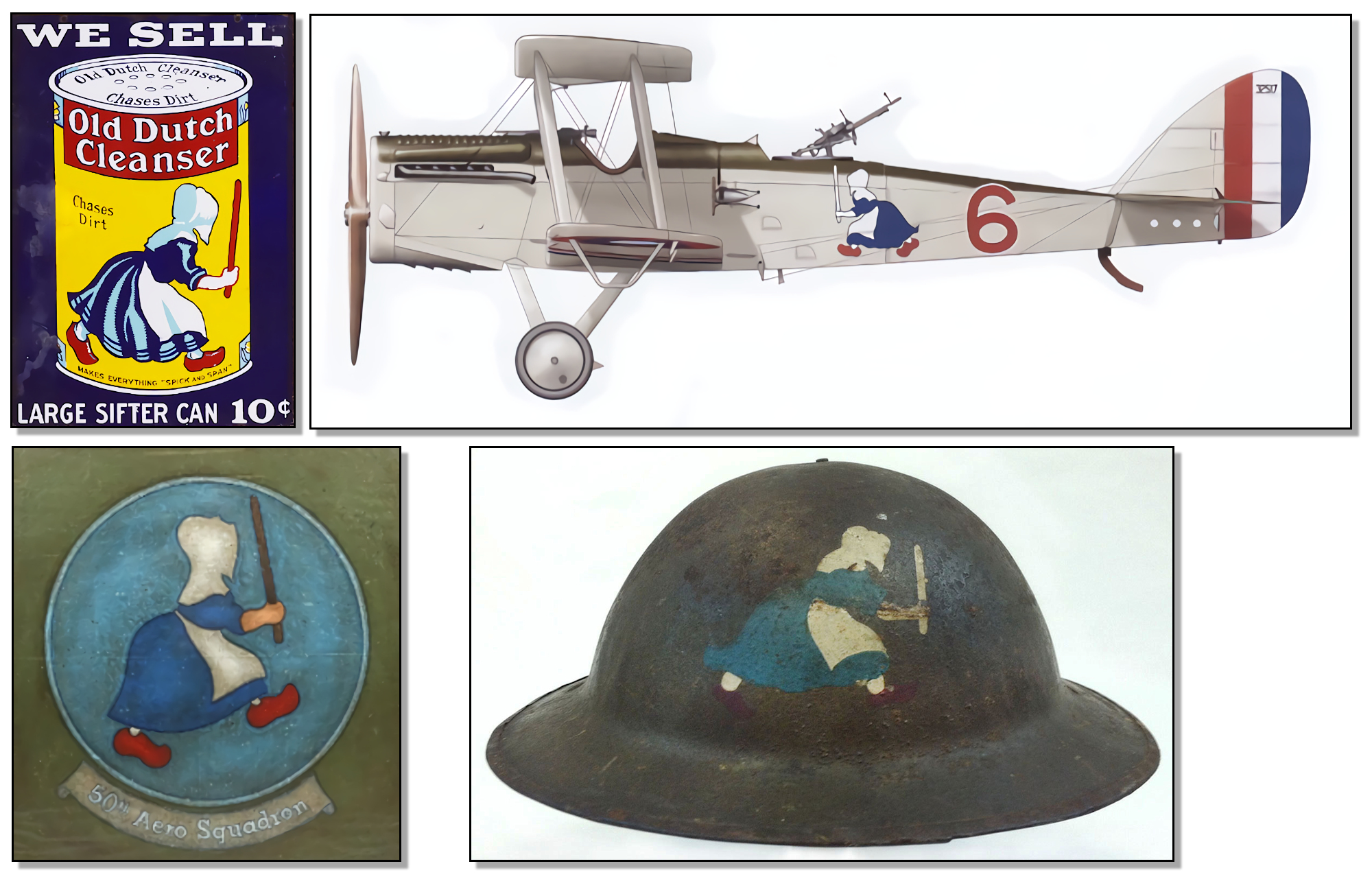 Upper left: Advertisement for Old Dutch Cleanser; Public Domain. Upper right: Image of the DH-4 flown by Medal of Honor winners Harold E. Goettler and Erwin R. Bleckley showing the 50th Aero Squadron emblem; Image credit: Casari, Robert B. & Pearson, Bob (authors). (2014). American Military Aircraft 1908-1919, Juanita Franzi (Illustrator) Aeronaut Books, Reno, Nev., P. 725. Lower left: Fabric from a DH-4 of the 50th Aero Squadron with emblem, courtesy Golden Age Air Museum, Bethel, Penn.  Lower right: 50th Aero Squadron Army helmet.  Image courtesy National Museum of the U.S. Air Force, Dayton, Ohio.