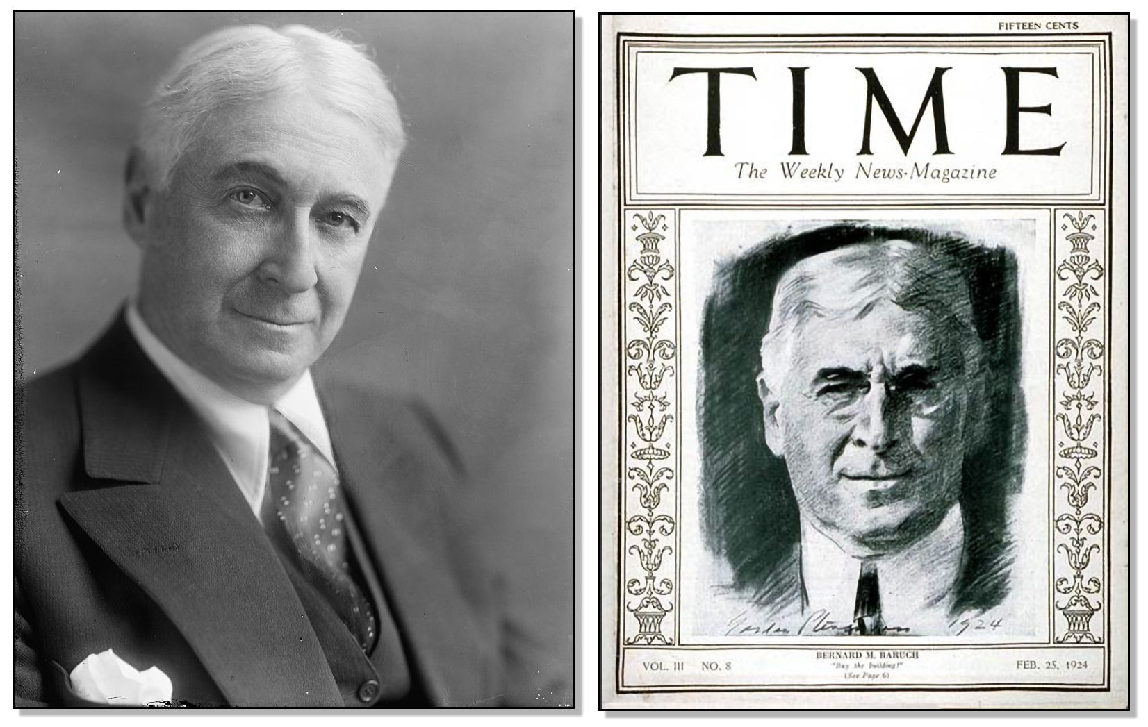 Left: Bernard Baruch portrait photograph courtesy Library of Congress, Public Domain.  Right: Bernard Baruch on the cover of Time magazine, 1924, Public Domain.