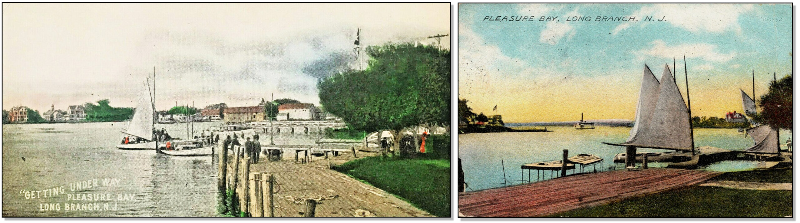 Postcards showing catboats on Pleasure Bay. Public Domain.