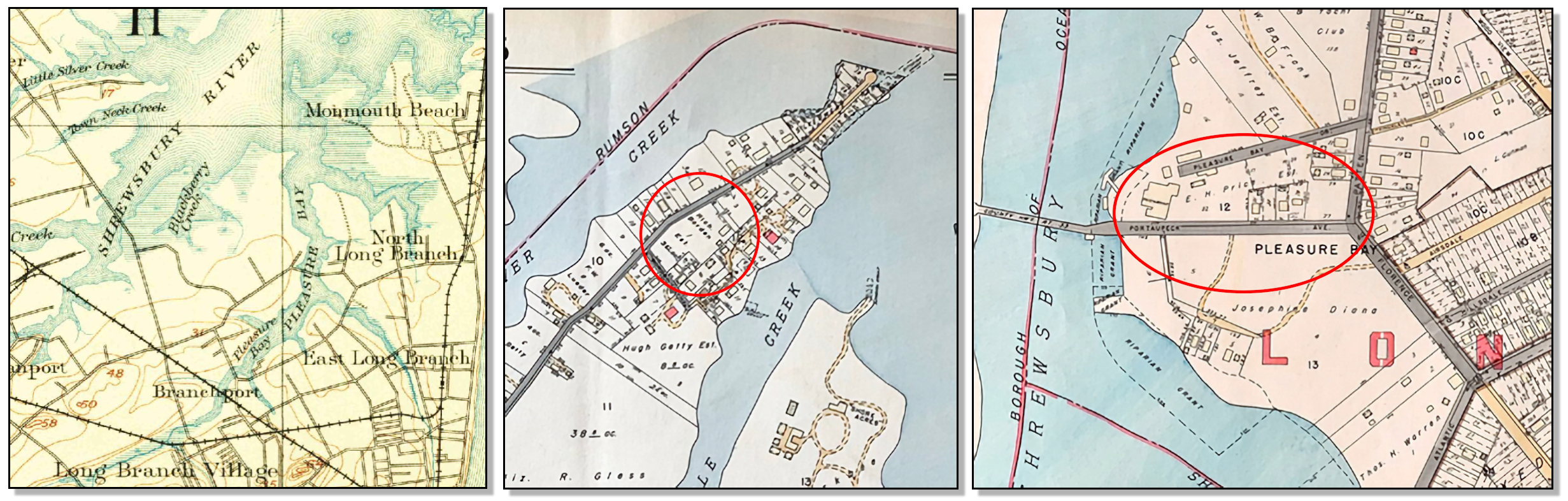 Maps showing Pleasure Bay and the approximate location of Borden's boardinghouse on Little Silver Point and Price's Hotel in Monmouth Beach.