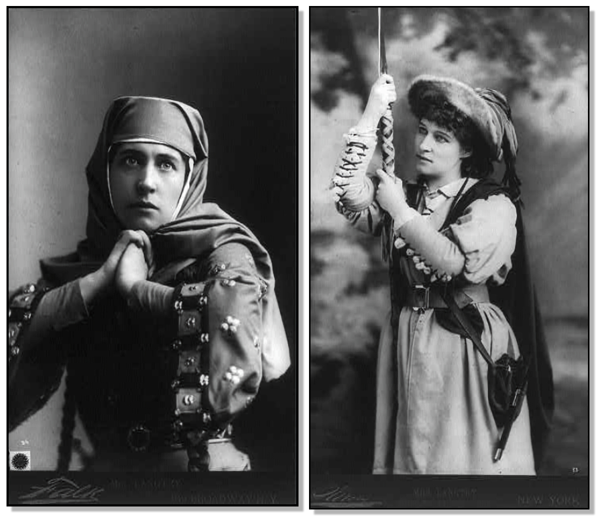 Left: Photograph of Lillie Langtry as Lady Macbeth c1899.  Photo copyrighted by B.J. Falk, New York, N.Y. Library of Congress, Public Domain. Right: Photograph of Lillie Langtry in costume and holding spear, c1882. Photo copyrighted by Napoleon Sarony.  Library of Congress, Public Domain.