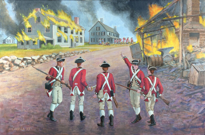 "Loyalist Retribution at Monmouth Court House, 1778," by Peter Cerella, ©2023, commissioned by Monmouth Timeline Inc.