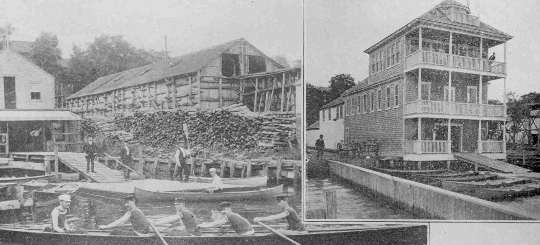 Left: A four-oared barge with coxswain and single Ruston-type canoe pose in front of the old club house.  The firewood and shed at the right of the house are part of John A. Worthley’s coal and wood yard.  Right: When the new Monmouth Boat Club was built in the summer of 1895, the lagoon in front of the old club was bulkheaded and filled, piling was driven, and the new 25 x 50-foot building constructed on it.  The old building was then moved 35 feet closer to the river and attached to the back of the new and ground floor was opened through.  All of the work cost “…nearly $4000.  This is considerably more than it was intended at the first expend…” commented the Red Bank Register.  The new building was built by Charter Member Archibald Antonides. Image credit: Monmouth Boat Club, used with permission.