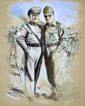 Original illustration of Vito Genovese with Benito Mussolini by Scott Zelazny, commissioned by MonmouthTimeline.org.