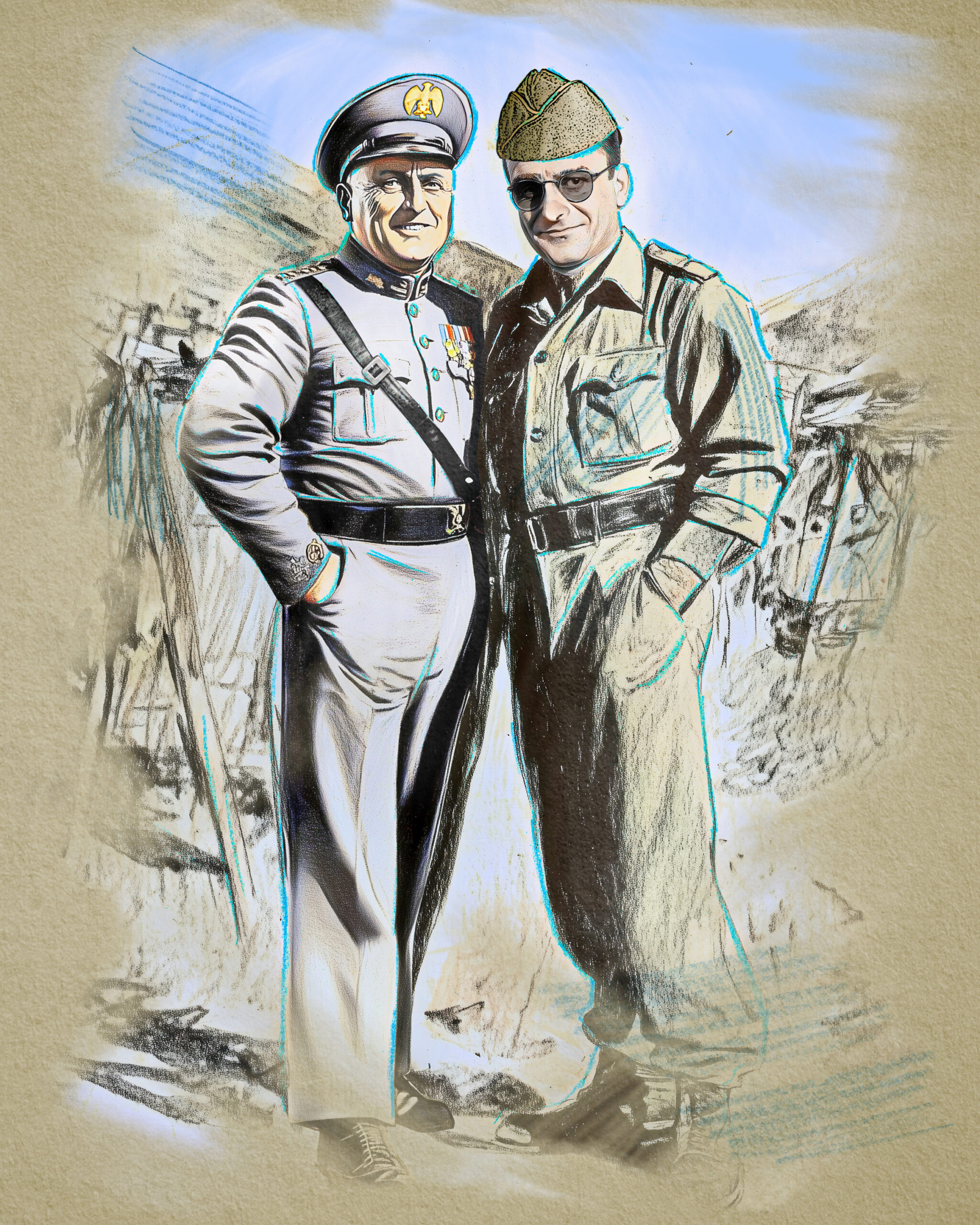 Original illustration of Vito Genovese with Benito Mussolini by Scott Zelazny, commissioned by MonmouthTimeline.org.
